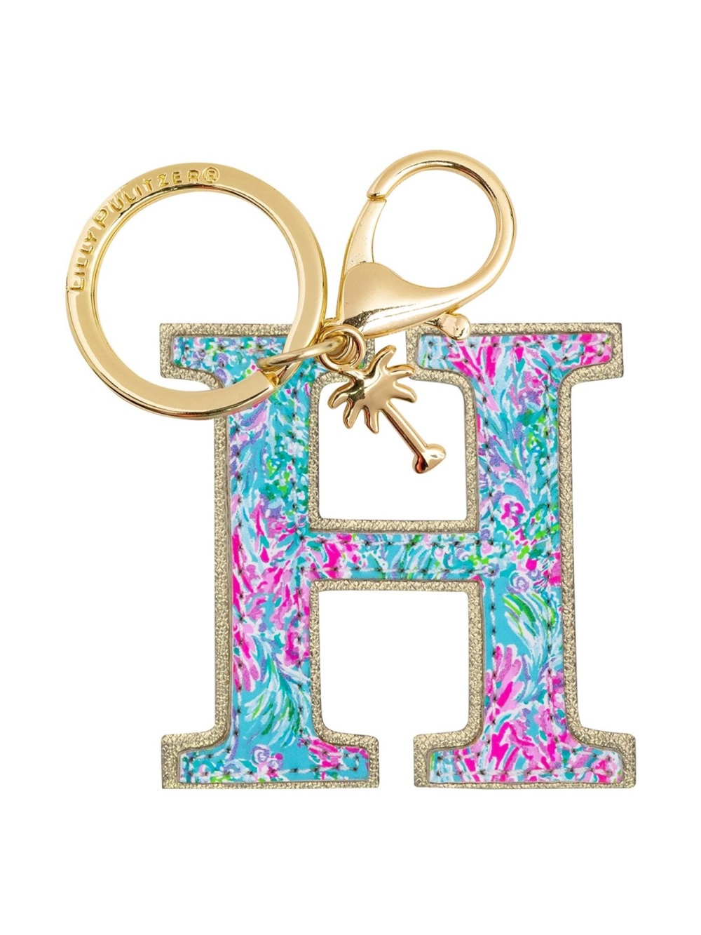 Lilly Pulitzer Floral H Initial Keychain Turquoise Pink with Gold Hardware - New